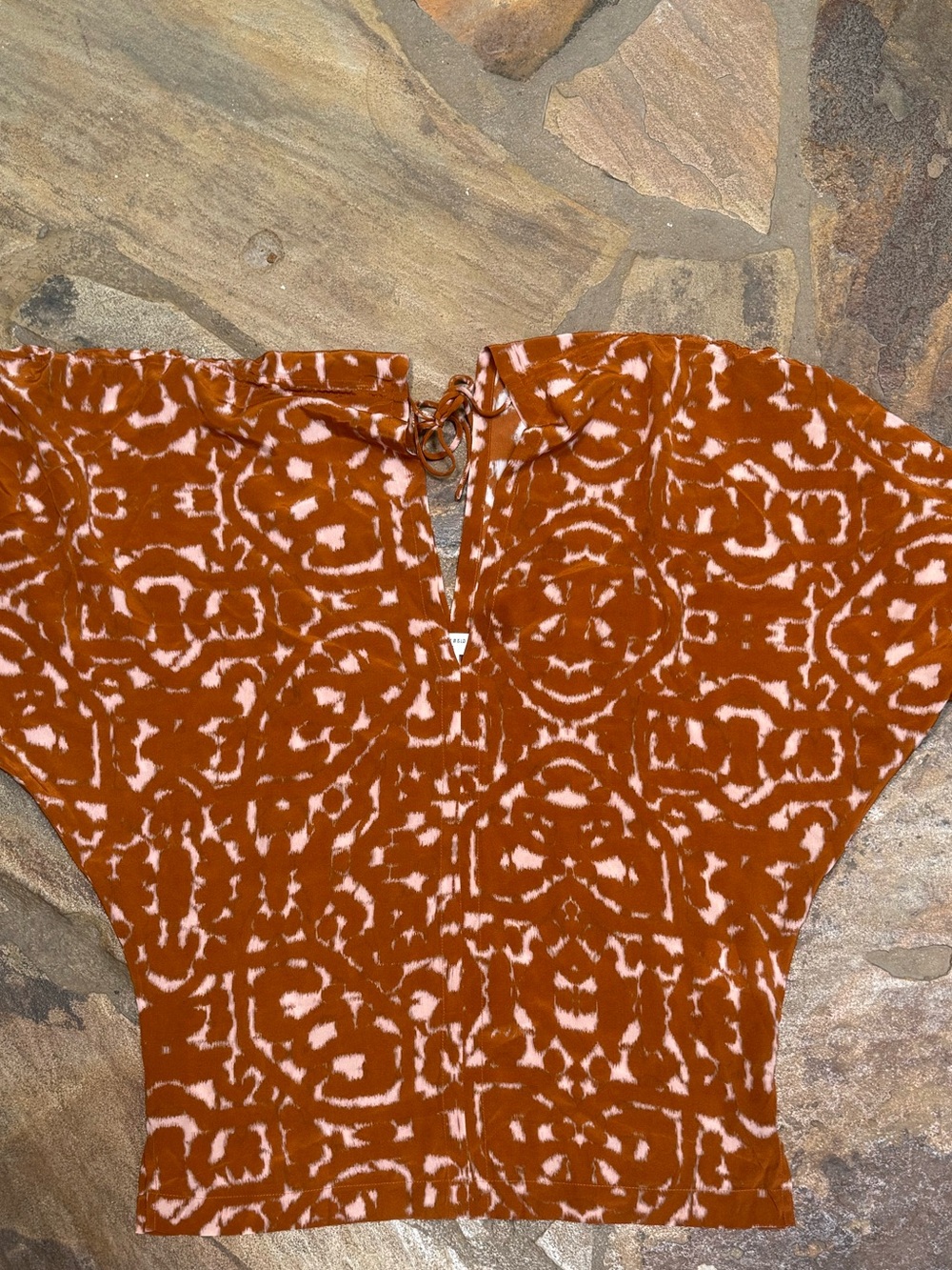 Billy Reid Burnt Orange and Cream Short-Sleeve Patterned Top XS